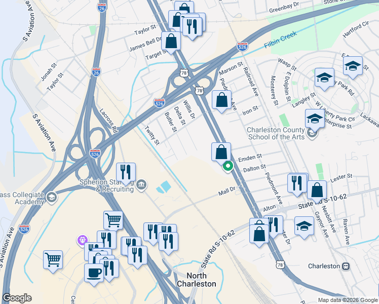 map of restaurants, bars, coffee shops, grocery stores, and more near 5033 Butler Street in North Charleston