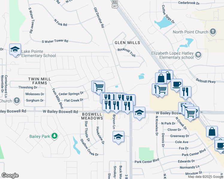 map of restaurants, bars, coffee shops, grocery stores, and more near 8701 Old Decatur Road in Fort Worth