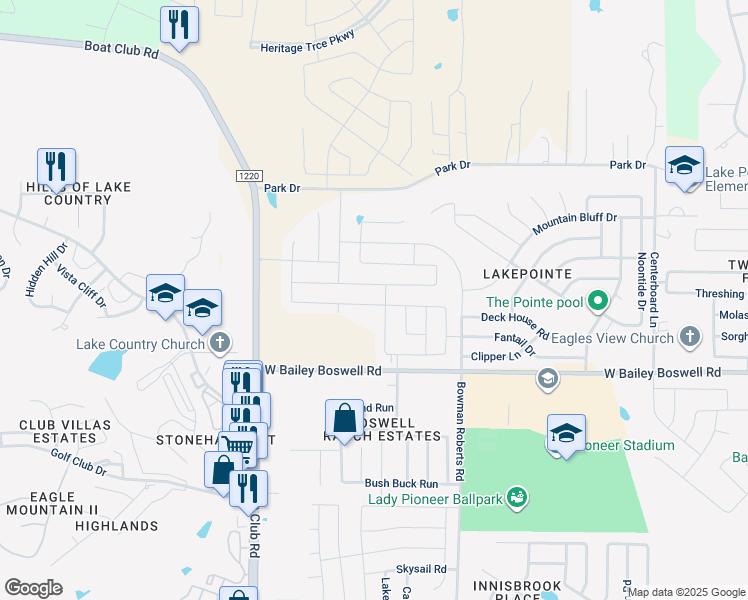 map of restaurants, bars, coffee shops, grocery stores, and more near 6250 West Bailey Boswell Road in Fort Worth
