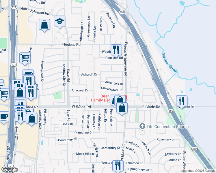 map of restaurants, bars, coffee shops, grocery stores, and more near 519 Chasewood Drive in Grapevine