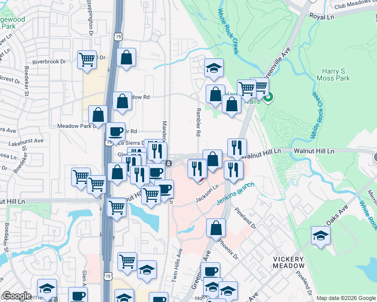 map of restaurants, bars, coffee shops, grocery stores, and more near 8275 Walnut Hill Lane in Dallas