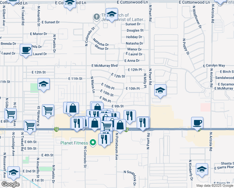 map of restaurants, bars, coffee shops, grocery stores, and more near 1378 East 9th Place in Casa Grande