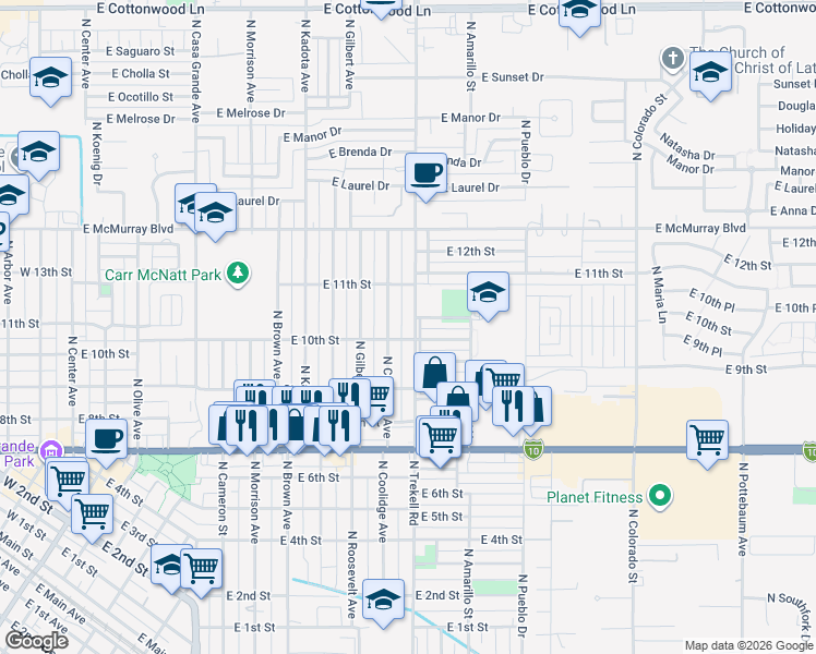 map of restaurants, bars, coffee shops, grocery stores, and more near 924 North Coolidge Avenue in Casa Grande