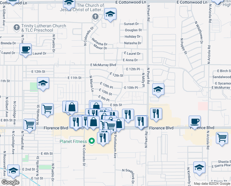 map of restaurants, bars, coffee shops, grocery stores, and more near 1386 East 10th Street in Casa Grande