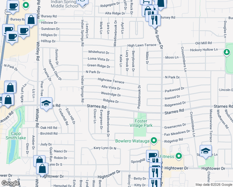 map of restaurants, bars, coffee shops, grocery stores, and more near 6513 Westridge Drive in Watauga