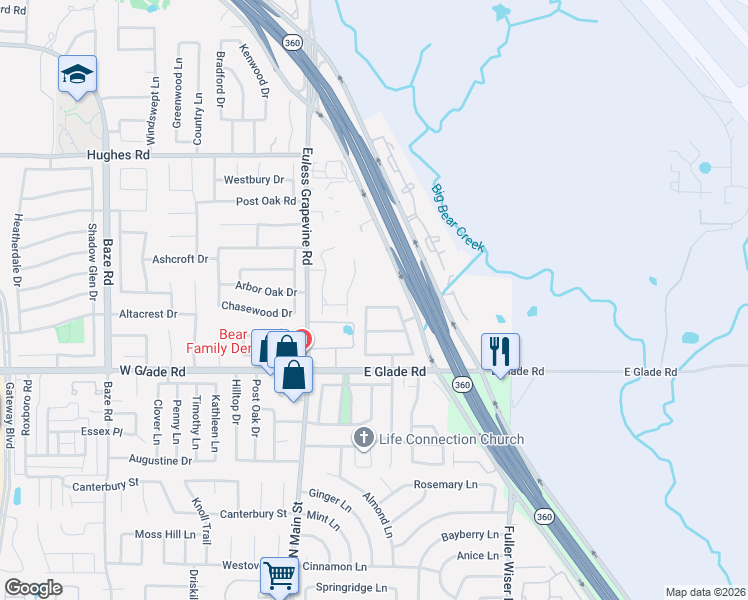 map of restaurants, bars, coffee shops, grocery stores, and more near 349 Hill Creek Lane in Grapevine