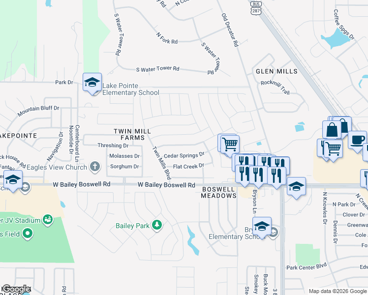 map of restaurants, bars, coffee shops, grocery stores, and more near 5005 Prairie Creek Trail in Fort Worth