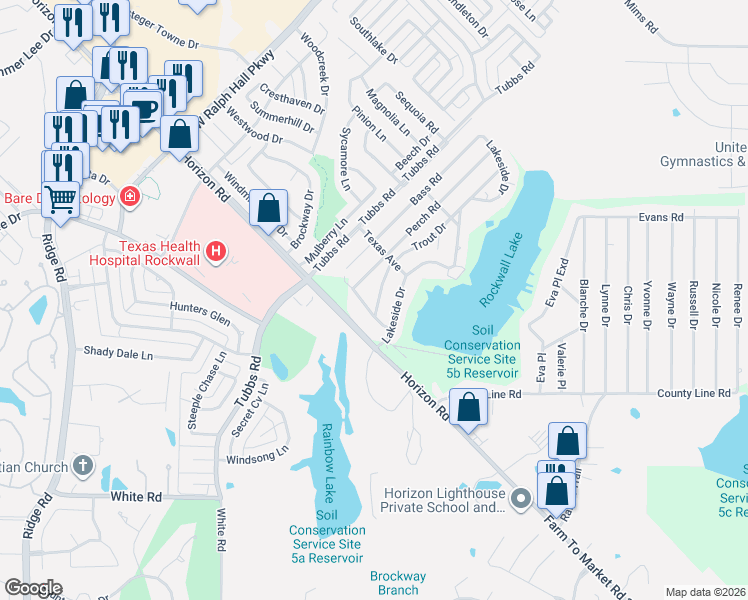 map of restaurants, bars, coffee shops, grocery stores, and more near 5005 Farm To Market Road 3097 in Rockwall