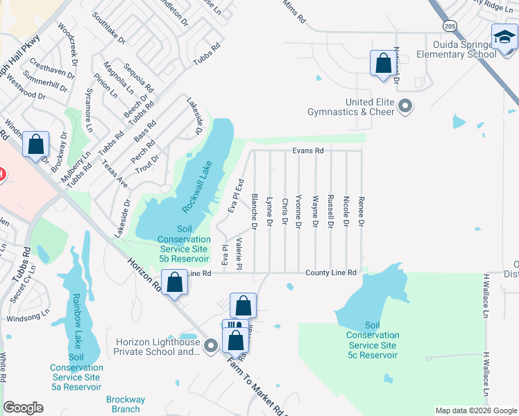 map of restaurants, bars, coffee shops, grocery stores, and more near 302 Lynne Drive in Rockwall