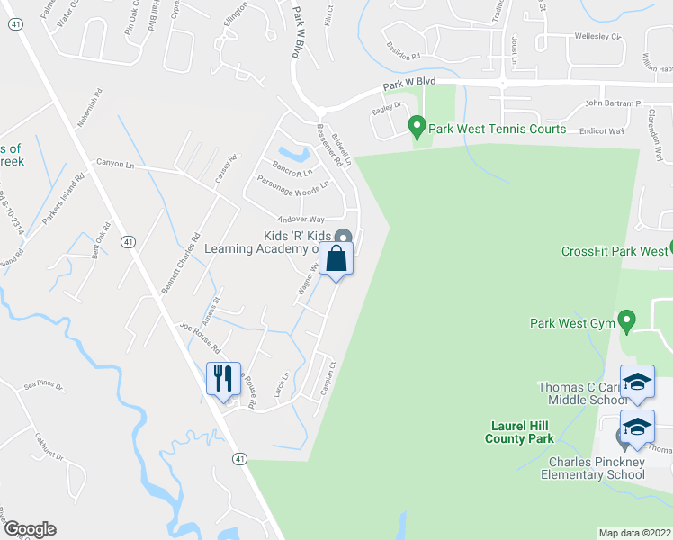 map of restaurants, bars, coffee shops, grocery stores, and more near 3660 Bessemer Road in Mount Pleasant