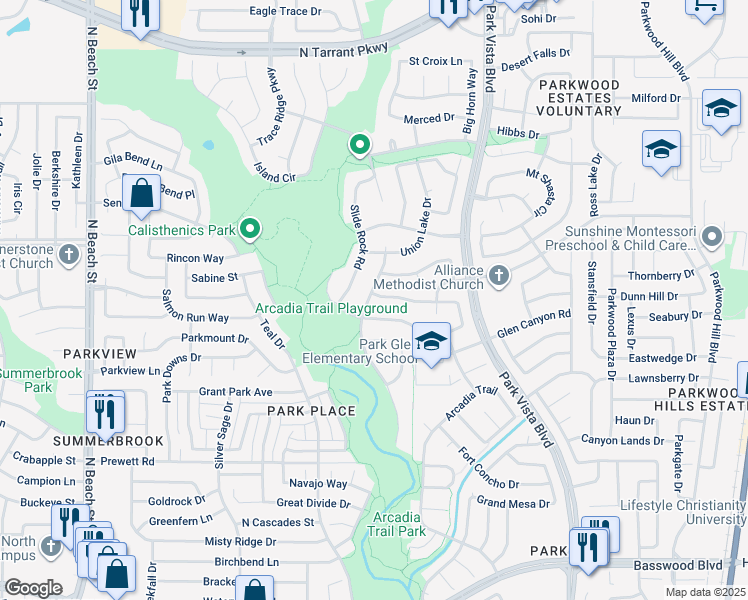 map of restaurants, bars, coffee shops, grocery stores, and more near 8012 Rushmore Road in Fort Worth