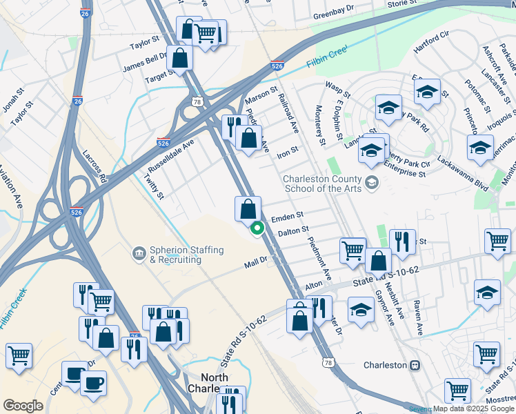 map of restaurants, bars, coffee shops, grocery stores, and more near in North Charleston