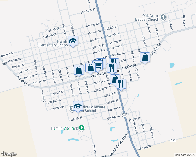 map of restaurants, bars, coffee shops, grocery stores, and more near 117 Southwest Avenue C in Hamlin
