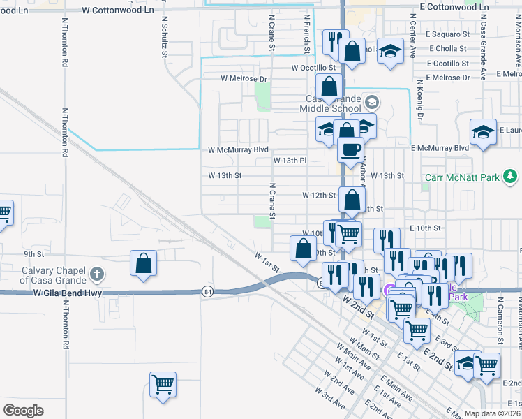 map of restaurants, bars, coffee shops, grocery stores, and more near 606 West 11th Street in Casa Grande