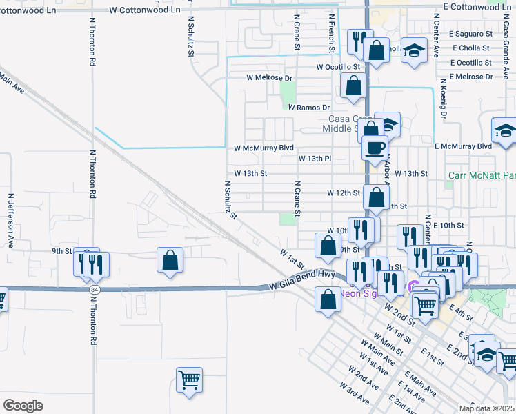 map of restaurants, bars, coffee shops, grocery stores, and more near 639 West Dunmar Street in Casa Grande