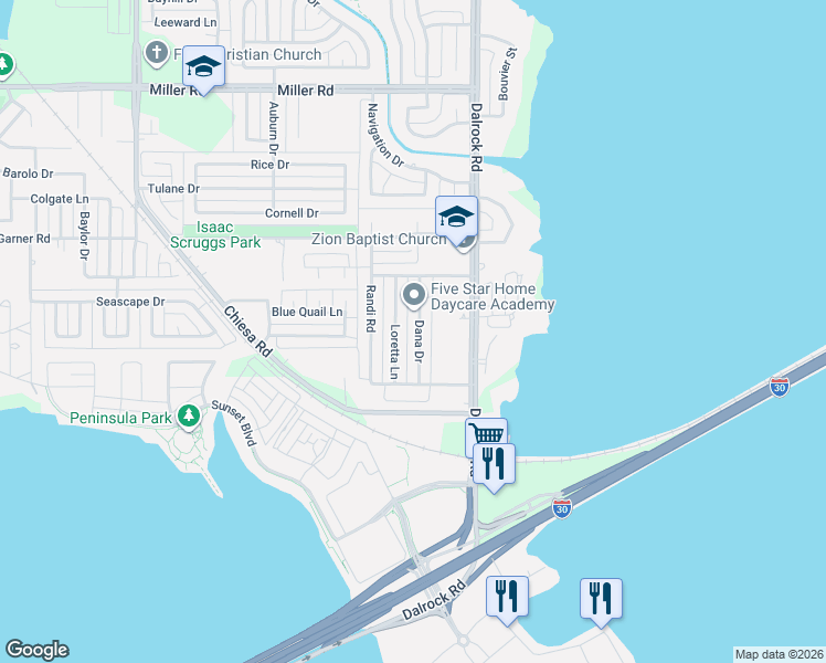 map of restaurants, bars, coffee shops, grocery stores, and more near 2117 Dana Drive in Rowlett