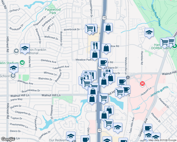 map of restaurants, bars, coffee shops, grocery stores, and more near 7724 Meadow Park Drive in Dallas
