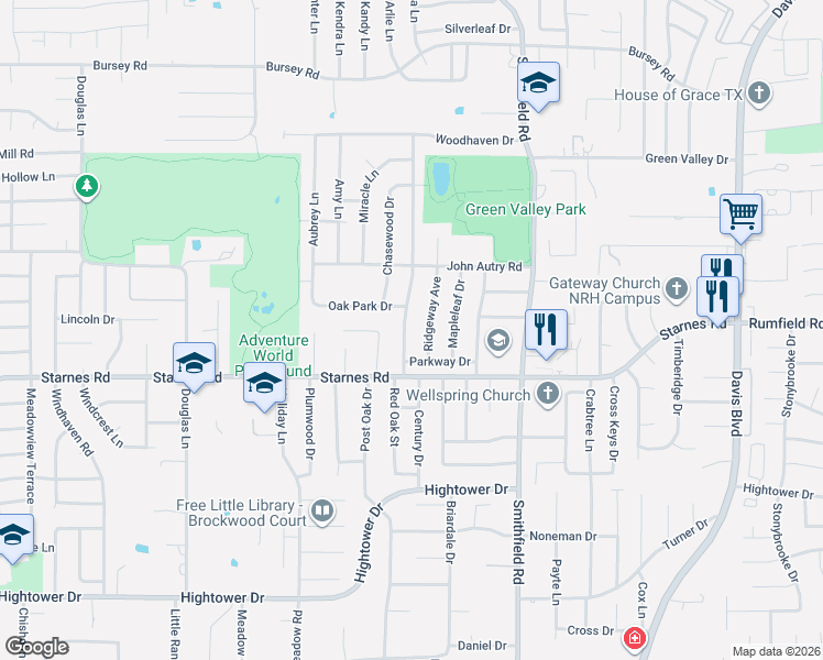 map of restaurants, bars, coffee shops, grocery stores, and more near 7509 Red Oak Street in Fort Worth