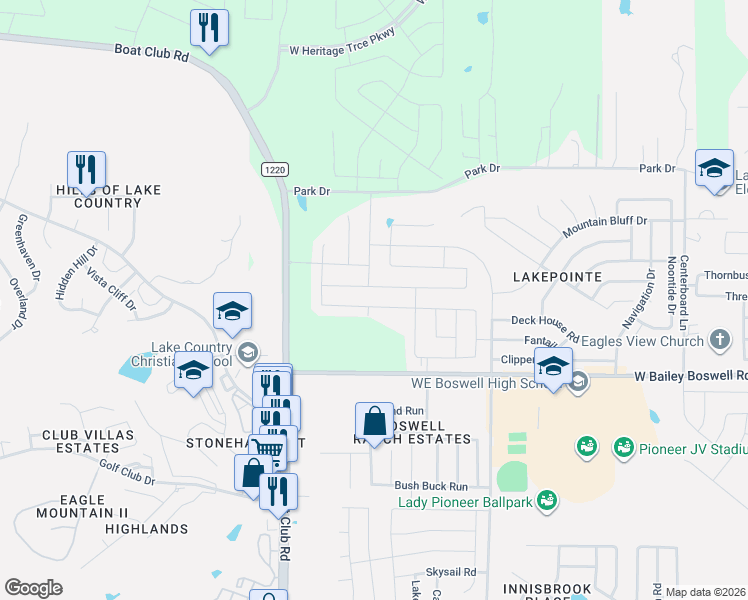 map of restaurants, bars, coffee shops, grocery stores, and more near 6250 West Bailey Boswell Road in Fort Worth
