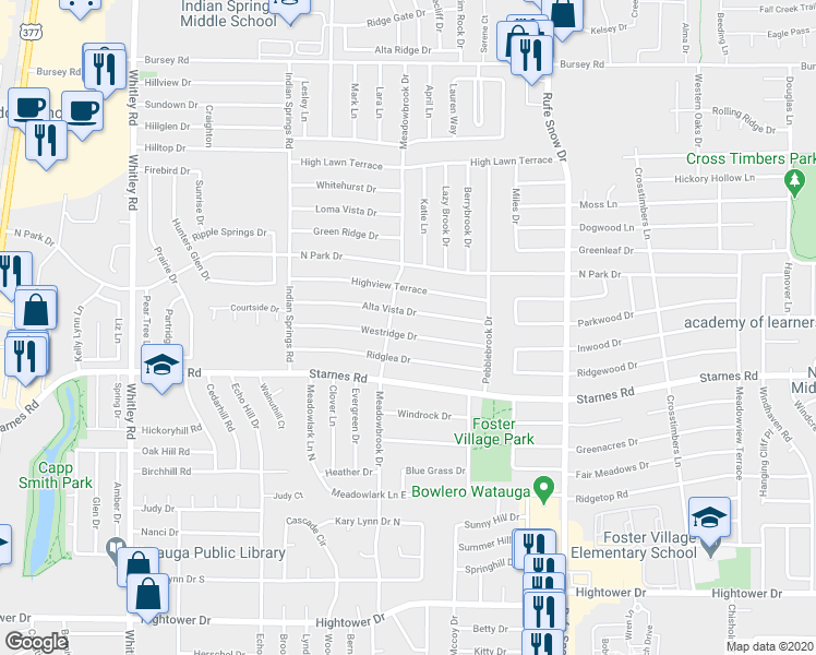 map of restaurants, bars, coffee shops, grocery stores, and more near 6525 Ridglea Drive in Watauga