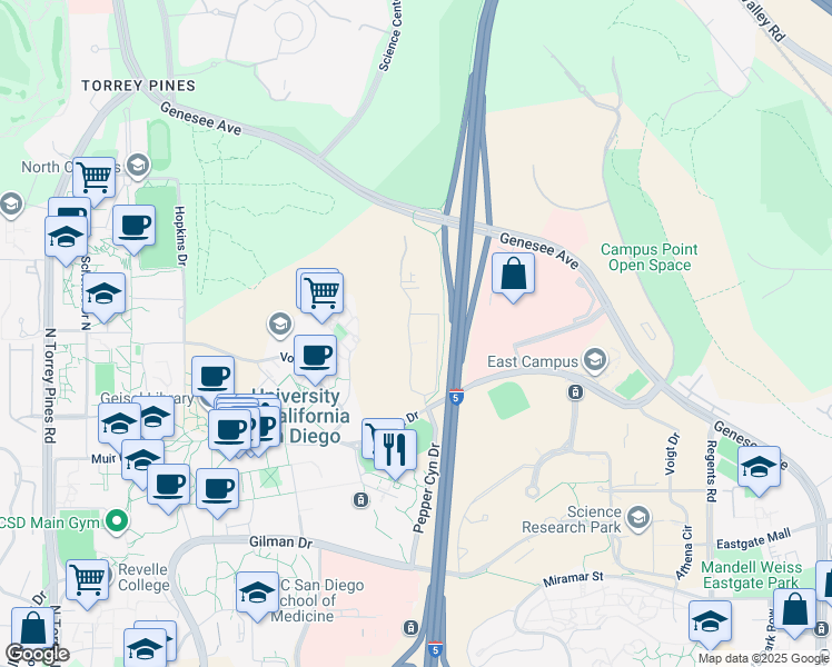 map of restaurants, bars, coffee shops, grocery stores, and more near 9821 Greenhouse Lane in San Diego