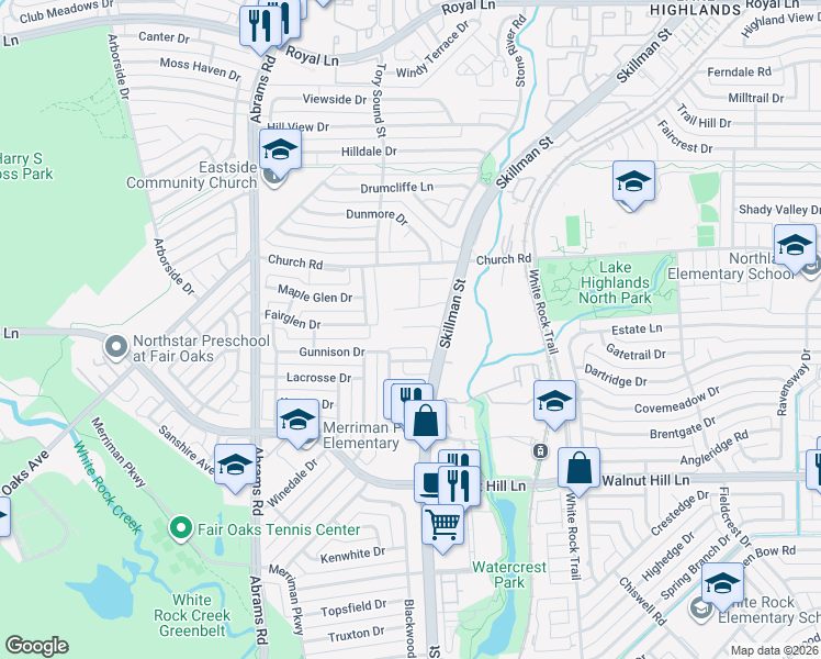 map of restaurants, bars, coffee shops, grocery stores, and more near 9136 Rock Daisy Court in Dallas