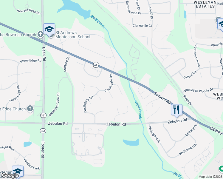 map of restaurants, bars, coffee shops, grocery stores, and more near 119 Chaucers Cove in Macon