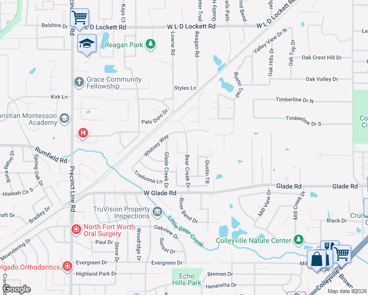 map of restaurants, bars, coffee shops, grocery stores, and more near 3419 Bear Creek Drive in Hurst