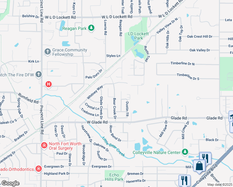 map of restaurants, bars, coffee shops, grocery stores, and more near 3419 Bear Creek Drive in Hurst