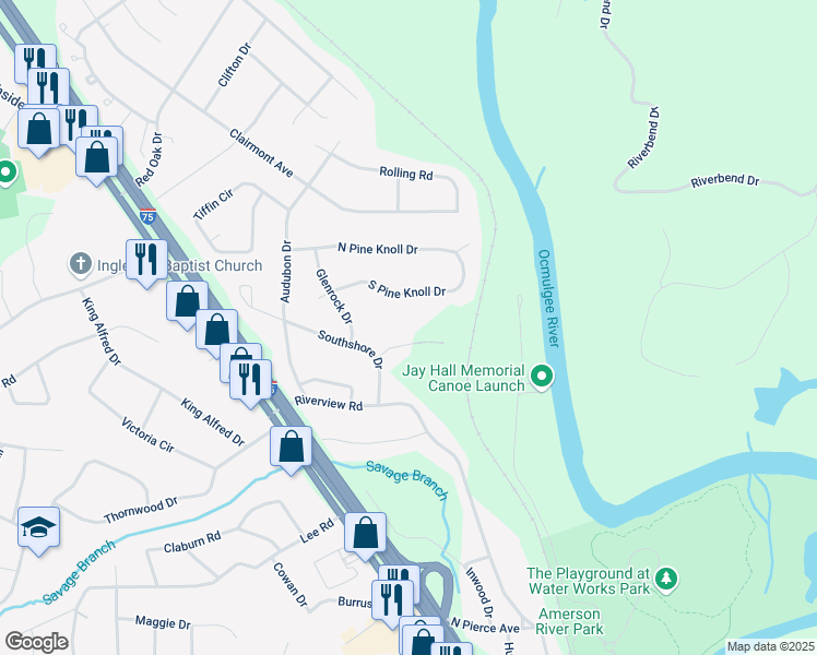 map of restaurants, bars, coffee shops, grocery stores, and more near 1035 South Pine Knoll Drive in Macon