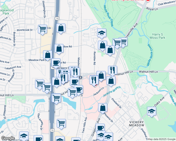 map of restaurants, bars, coffee shops, grocery stores, and more near 7537 Rambler Road in Dallas