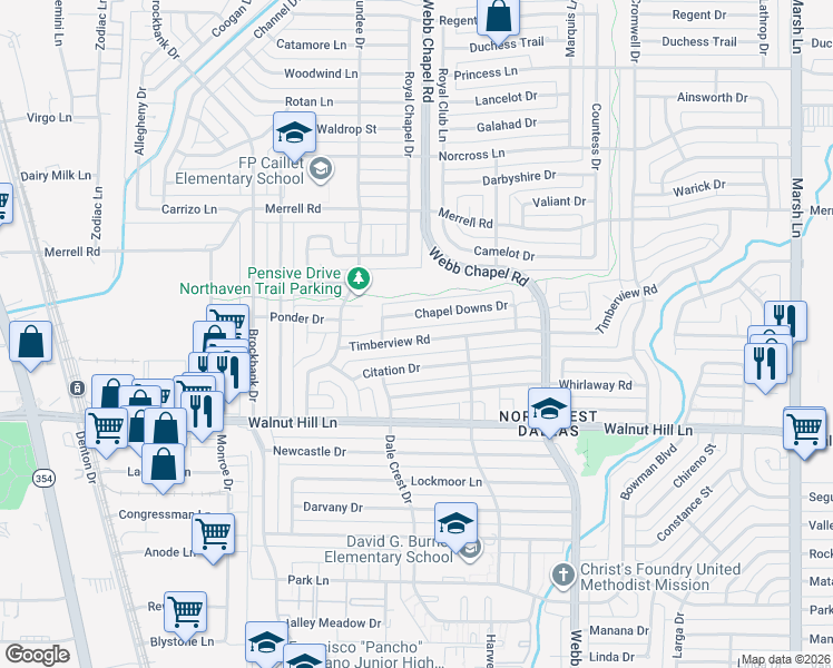 map of restaurants, bars, coffee shops, grocery stores, and more near 3115 Chapel Downs Drive in Dallas