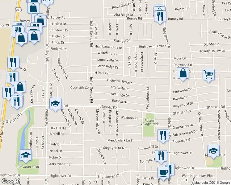 map of restaurants, bars, coffee shops, grocery stores, and more near 6461 Westridge Drive in Watauga