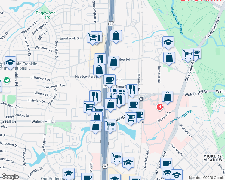map of restaurants, bars, coffee shops, grocery stores, and more near 10000 North Central Expressway in Dallas