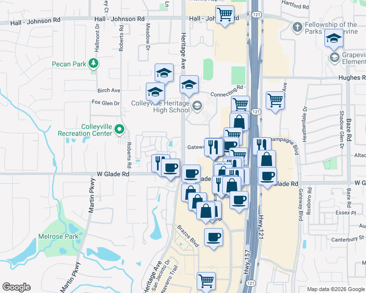 map of restaurants, bars, coffee shops, grocery stores, and more near 5205 Heritage Avenue in Colleyville