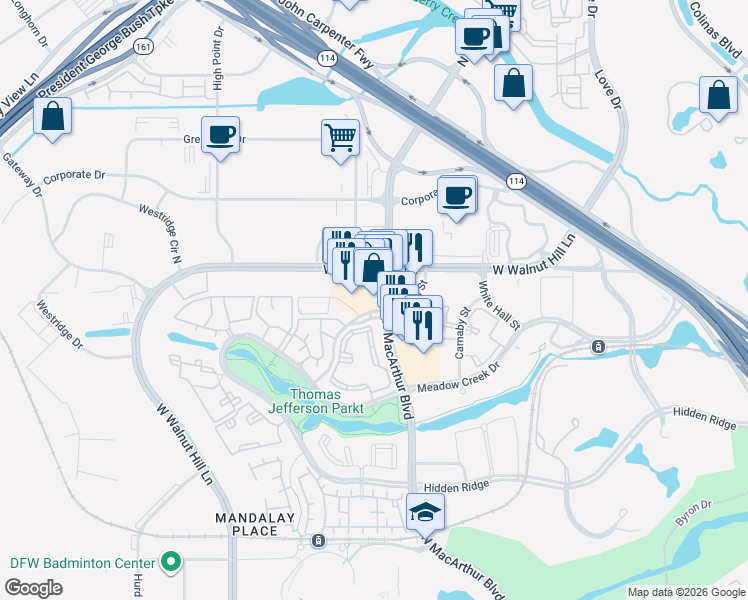map of restaurants, bars, coffee shops, grocery stores, and more near 5481 North MacArthur Boulevard in Irving