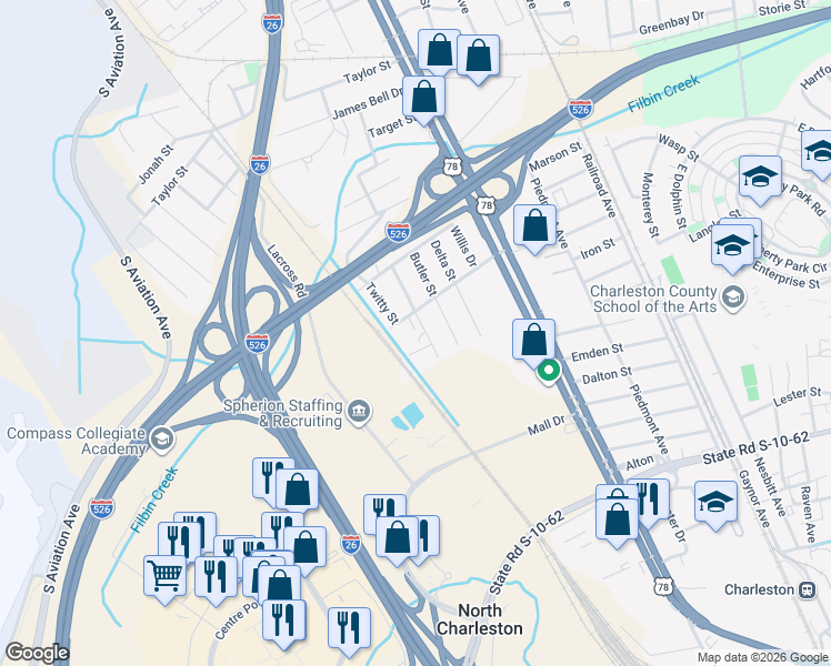 map of restaurants, bars, coffee shops, grocery stores, and more near 5070 Rockingham Street in North Charleston