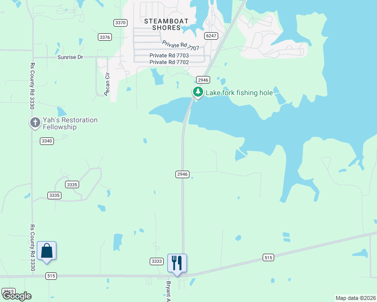map of restaurants, bars, coffee shops, grocery stores, and more near 2480 Farm to Market Road 2946 in Emory