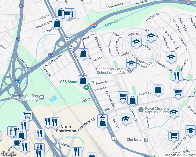 map of restaurants, bars, coffee shops, grocery stores, and more near 2001 Fuller Street in North Charleston