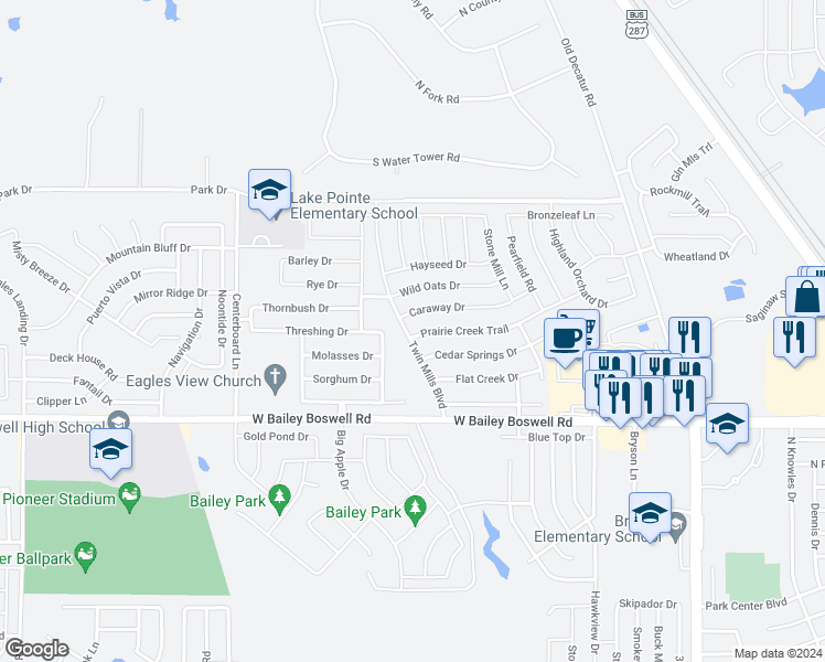 map of restaurants, bars, coffee shops, grocery stores, and more near 5124 Prairie Creek Trail in Fort Worth
