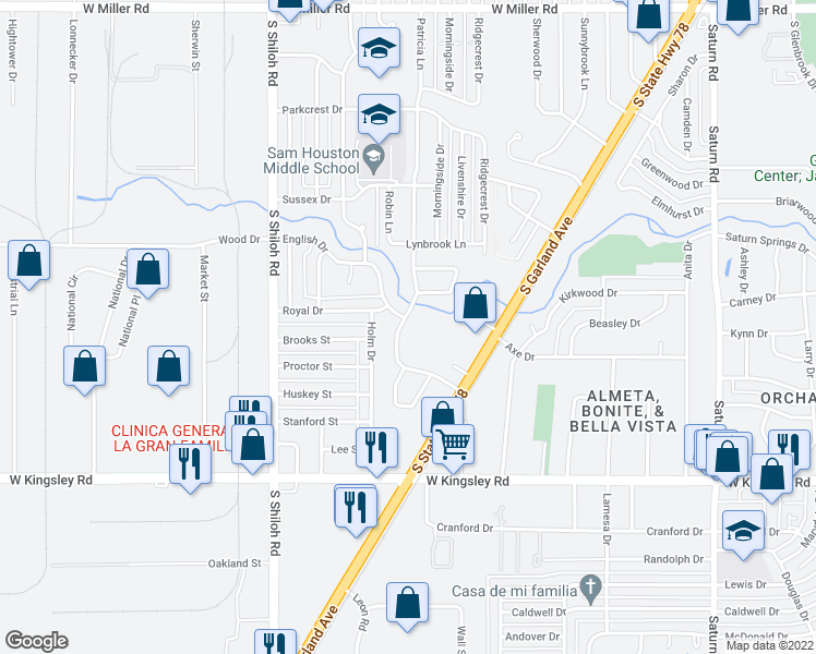 map of restaurants, bars, coffee shops, grocery stores, and more near 2708 Patricia Lane in Garland