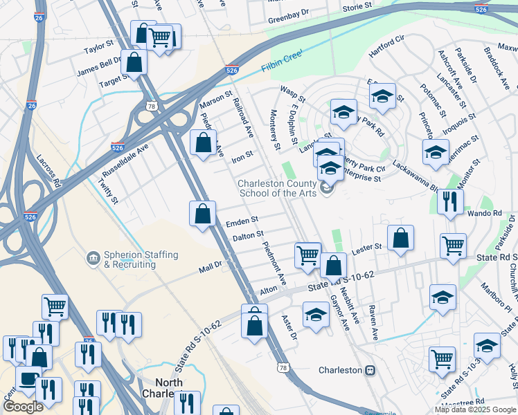 map of restaurants, bars, coffee shops, grocery stores, and more near 1924 Fuller Street in North Charleston
