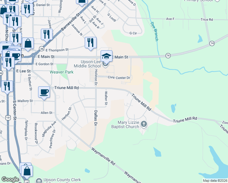 map of restaurants, bars, coffee shops, grocery stores, and more near 422 Triune Mill Road in Thomaston