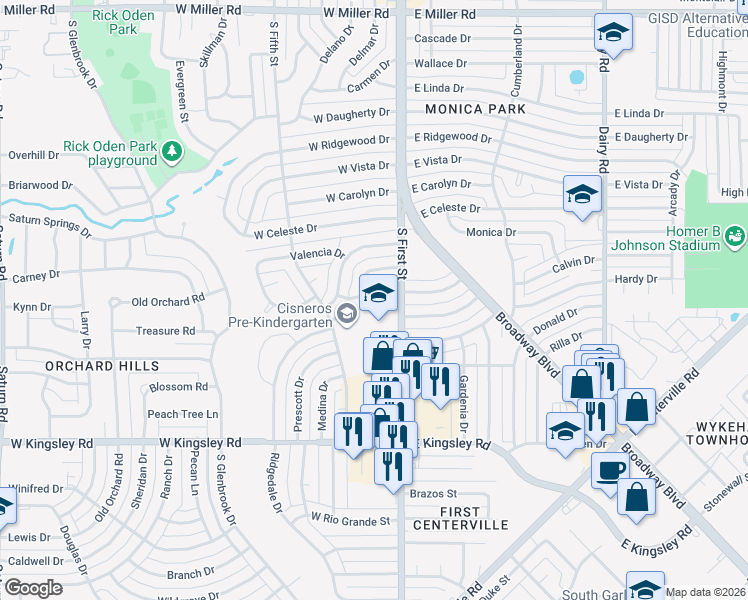map of restaurants, bars, coffee shops, grocery stores, and more near 105 West Chico Drive in Garland