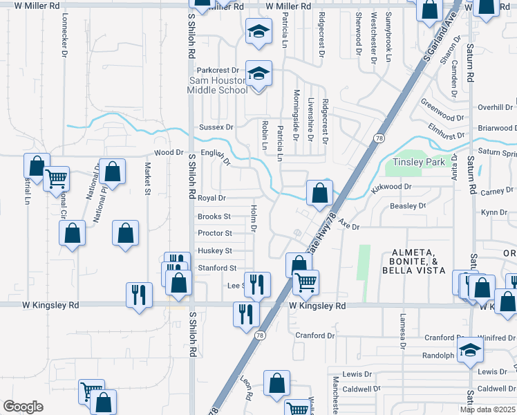map of restaurants, bars, coffee shops, grocery stores, and more near 2205 Royal Drive in Garland
