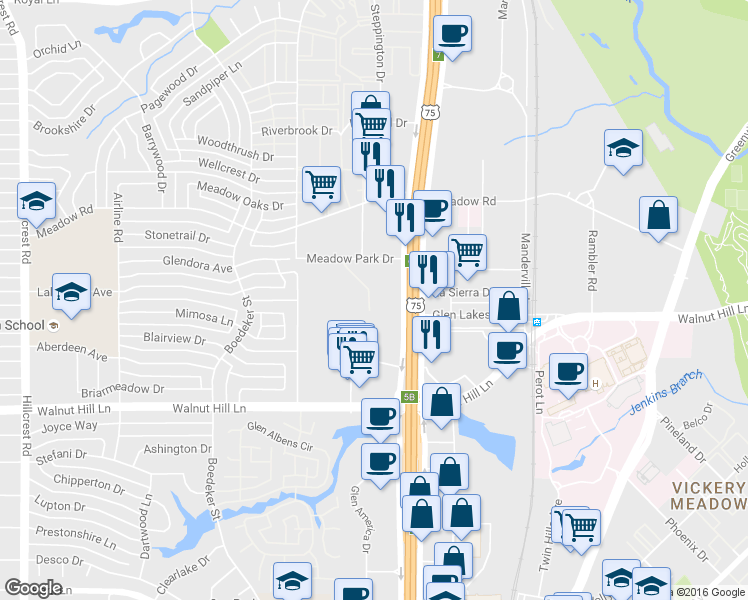map of restaurants, bars, coffee shops, grocery stores, and more near 10031 Regal Park Lane in Dallas