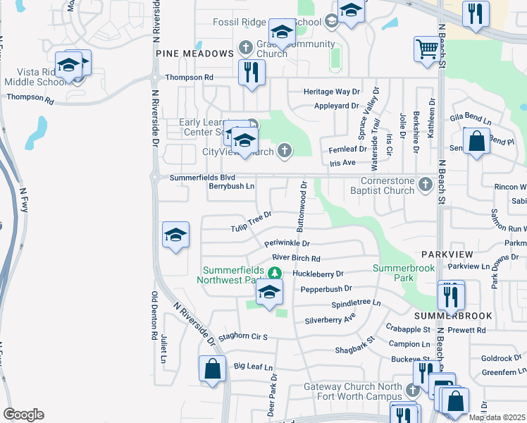 map of restaurants, bars, coffee shops, grocery stores, and more near 7916 Fox Chase Drive in Fort Worth