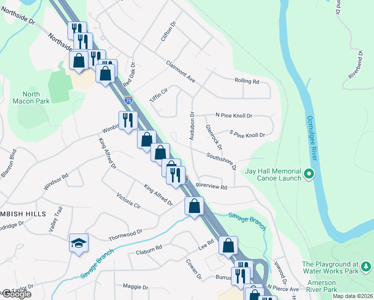 map of restaurants, bars, coffee shops, grocery stores, and more near 2944 Audubon Drive in Macon