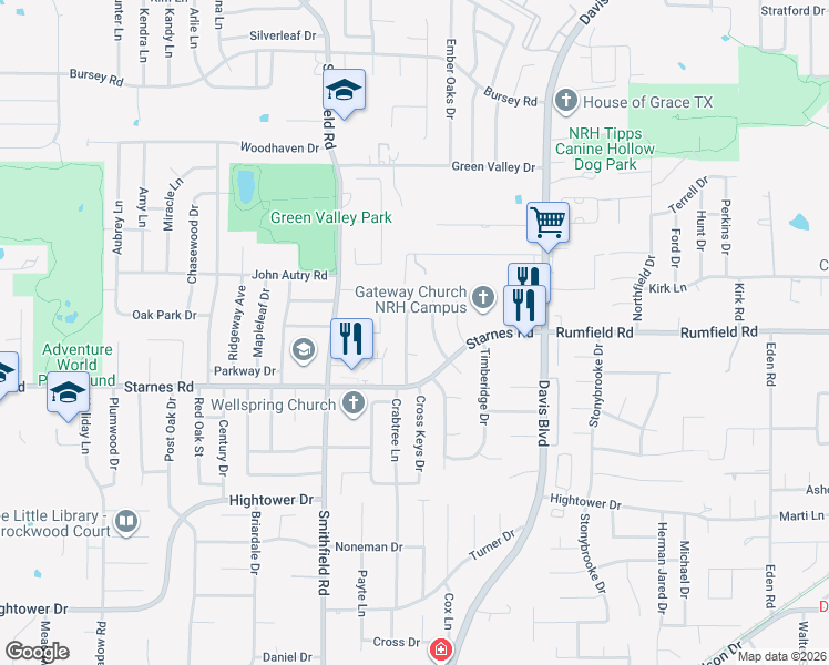 map of restaurants, bars, coffee shops, grocery stores, and more near 7445 Timberhill Drive in North Richland Hills