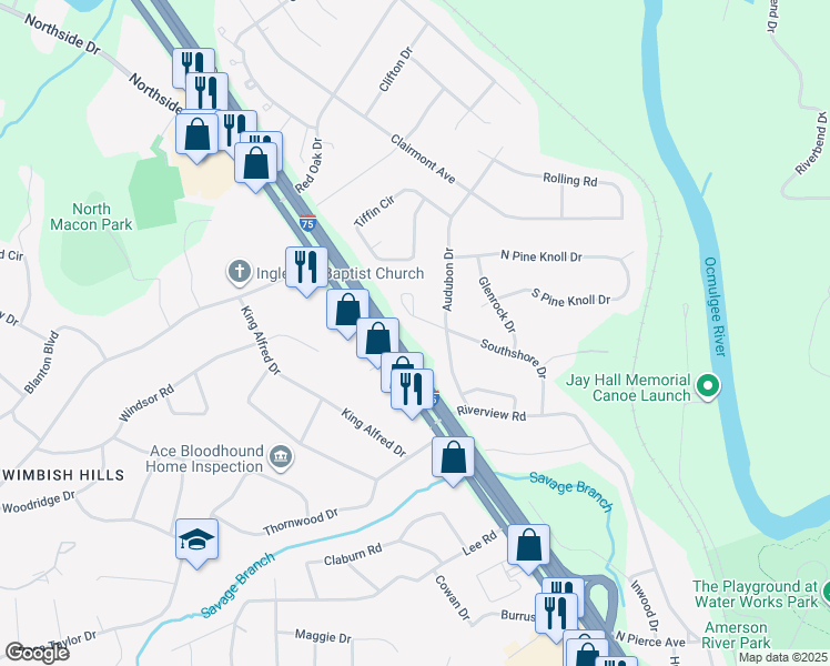 map of restaurants, bars, coffee shops, grocery stores, and more near 2924 Southshore Court in Macon